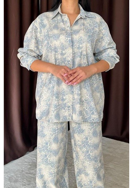 Mavi Leopar Desenli Ceket ve Pantolon Keten Takım modelleri