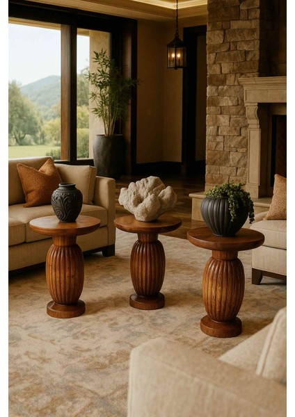 Ahşap Mantar Sehpa 3’lü Set – Meşe Renk Modern Zigon ve Fiskos Sehpa Takımı