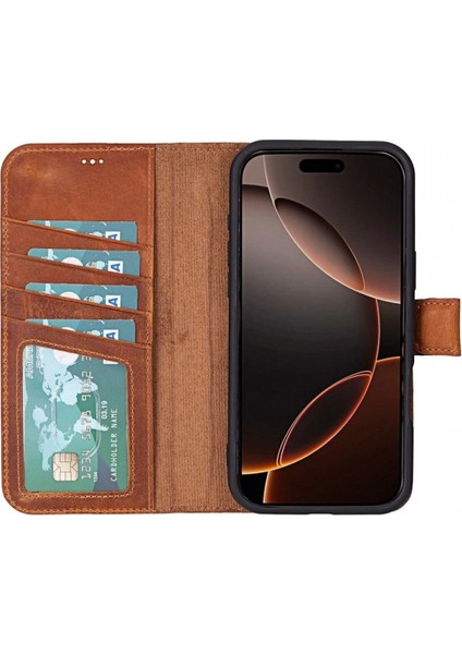 Apple iPhone 16 Pro Uyumlu, Hakiki Deri, El Yapımı, Cüzdanlı Kılıf, Karamel fiyatları