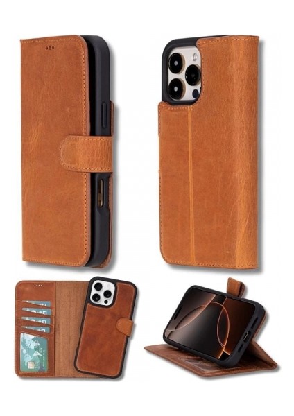 Apple iPhone 16 Pro Uyumlu, Hakiki Deri, El Yapımı, Cüzdanlı Kılıf, Karamel indirimleri
