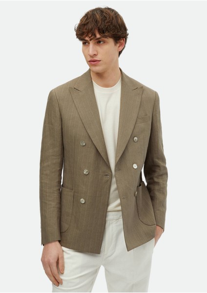Haki Çizgili Zeroweight Slim Fit Keten Karışımlı Ceket