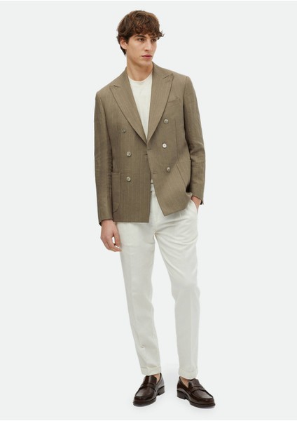 Haki Çizgili Zeroweight Slim Fit Keten Karışımlı Ceket fiyatları