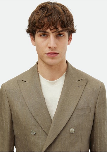 Haki Çizgili Zeroweight Slim Fit Keten Karışımlı Ceket modelleri