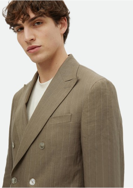 Haki Çizgili Zeroweight Slim Fit Keten Karışımlı Ceket fırsatları