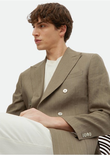 Haki Çizgili Zeroweight Slim Fit Keten Karışımlı Ceket indirimleri