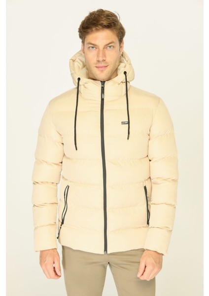 Erkek Bej Kalın Astarlı Rüzgar Geçirmez Kapüşonlu Kışlık Şişme Mont