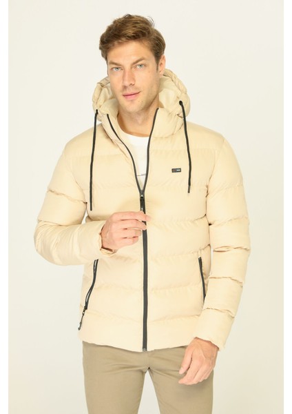 Erkek Bej Kalın Astarlı Rüzgar Geçirmez Kapüşonlu Kışlık Şişme Mont fiyatları