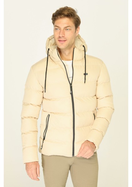 Erkek Bej Kalın Astarlı Rüzgar Geçirmez Kapüşonlu Kışlık Şişme Mont modelleri