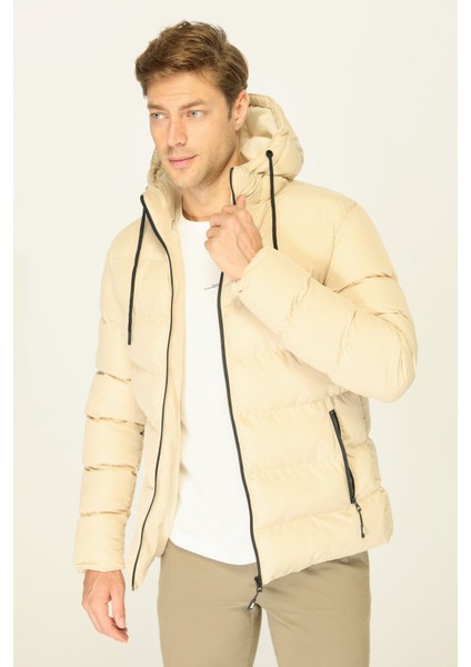 Erkek Bej Kalın Astarlı Rüzgar Geçirmez Kapüşonlu Kışlık Şişme Mont fırsatları
