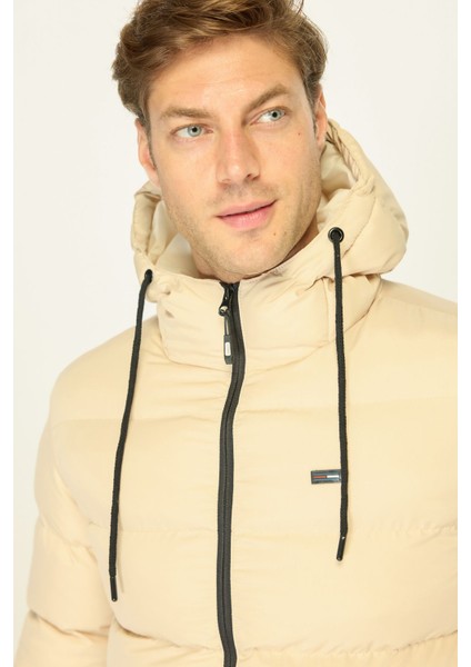 Erkek Bej Kalın Astarlı Rüzgar Geçirmez Kapüşonlu Kışlık Şişme Mont indirimleri
