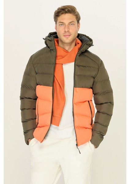 Erkek Haki-Turuncu Su ve Rüzgar Geçirmez Kışlık Şişme Dolgulu Mont