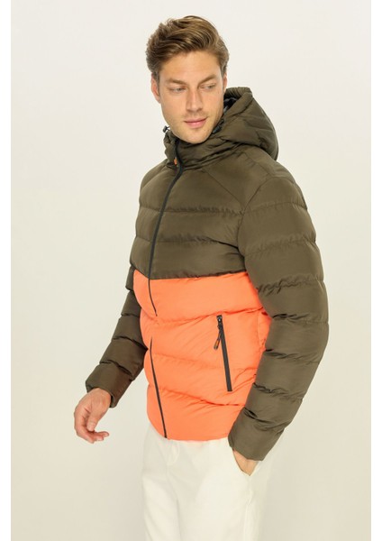 Erkek Haki-Turuncu Su ve Rüzgar Geçirmez Kışlık Şişme Dolgulu Mont