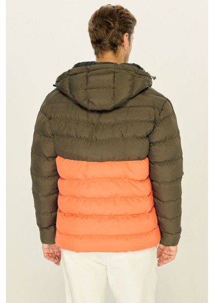 Erkek Haki-Turuncu Su ve Rüzgar Geçirmez Kışlık Şişme Dolgulu Mont