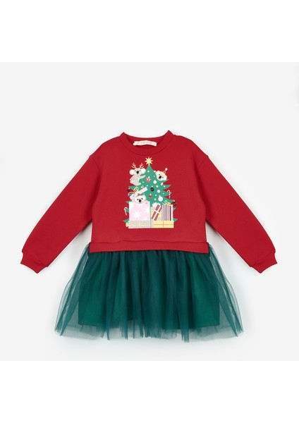 Kırmızı Koala Baskılı Kız Çocuk Yılbaşı Elbise - Renata