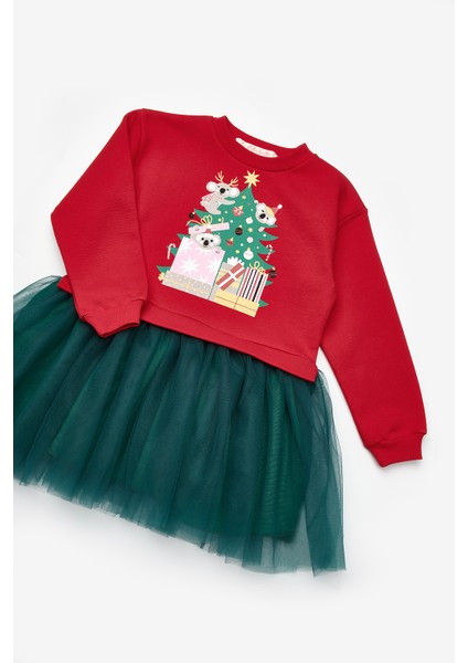 Kırmızı Koala Baskılı Kız Çocuk Yılbaşı Elbise - Renata modelleri