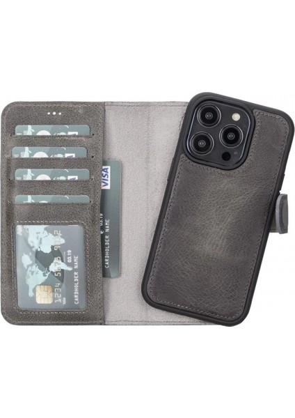 Apple iPhone 14 Pro Uyumlu Deri Cüzdanlı Kılıf Mwwn VS4EF Gri indirimleri