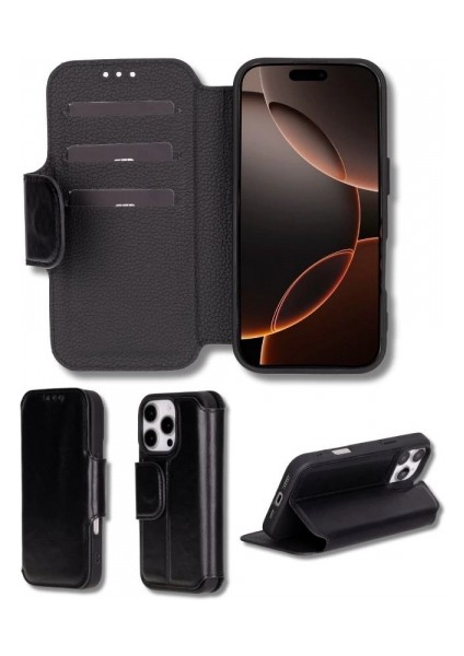 Apple iPhone 16 Pro Uyumlu, Hakiki Deri, El Yapımı, Cüzdanlı Kılıf, Parlak Siyah
