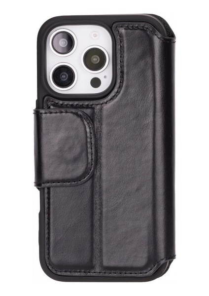 Apple iPhone 16 Pro Uyumlu, Hakiki Deri, El Yapımı, Cüzdanlı Kılıf, Parlak Siyah modelleri