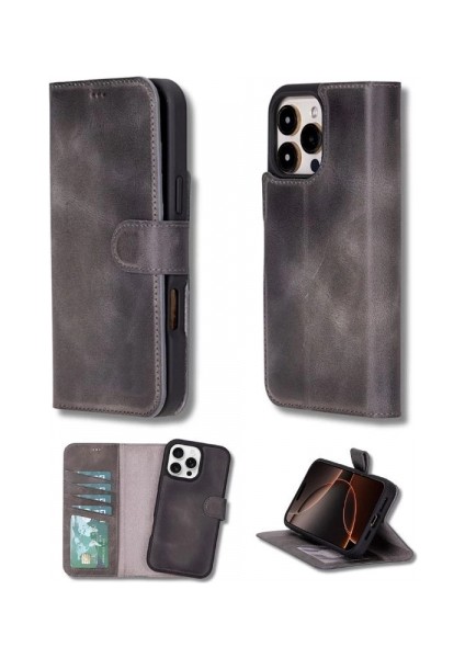 Apple iPhone 16 Pro Uyumlu, Hakiki Deri, El Yapımı, Cüzdanlı Kılıf, Gölgeli Gri