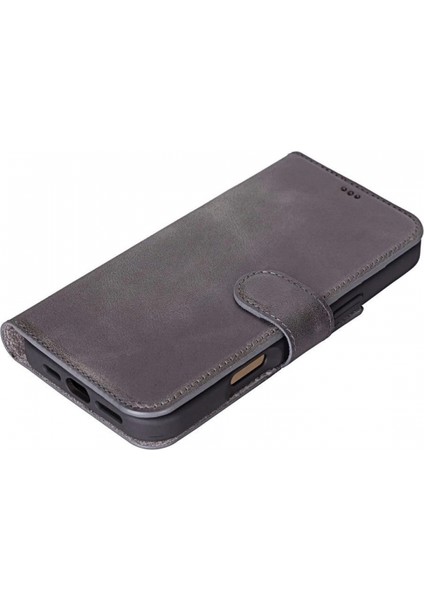 Apple iPhone 16 Pro Uyumlu, Hakiki Deri, El Yapımı, Cüzdanlı Kılıf, Gölgeli Gri modelleri