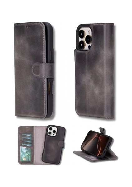 Apple iPhone 16 Pro Uyumlu, Hakiki Deri, El Yapımı, Cüzdanlı Kılıf, Gölgeli Gri indirimleri