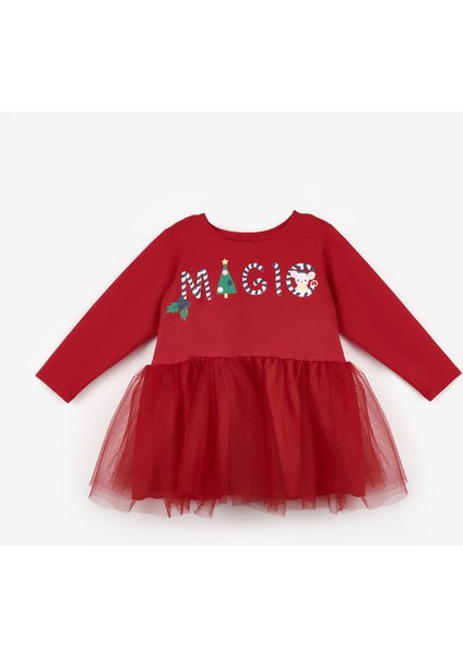 Kırmızı Yılbaşı Temalı Magic Mottolu Kız Çocuk Elbise - Claire
