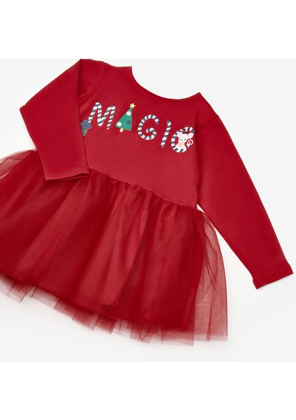 Kırmızı Yılbaşı Temalı Magic Mottolu Kız Çocuk Elbise - Claire modelleri