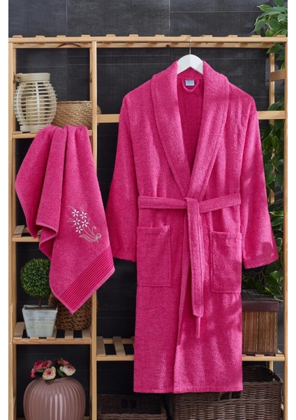 Mira Home 4 Parça Aile Bornoz Seti Kadın Erkek Havlulu Bornoz Takımı Fuşya Gri fiyatları