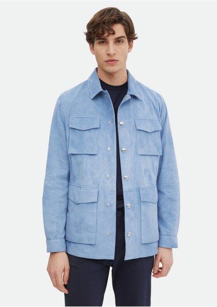 Açık Mavi Regular Fit Gömlek Yaka Casual Süet Deri Mont
