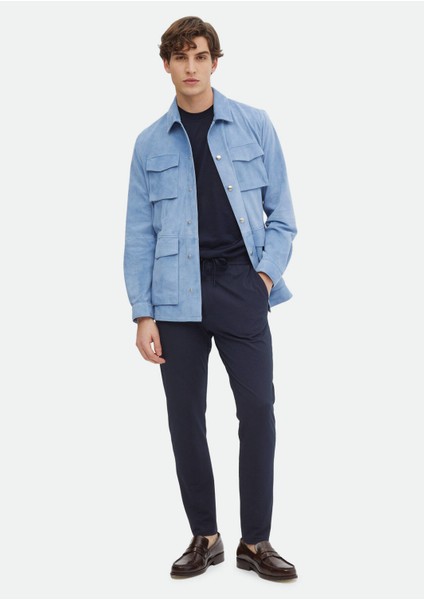 Açık Mavi Regular Fit Gömlek Yaka Casual Süet Deri Mont fiyatları