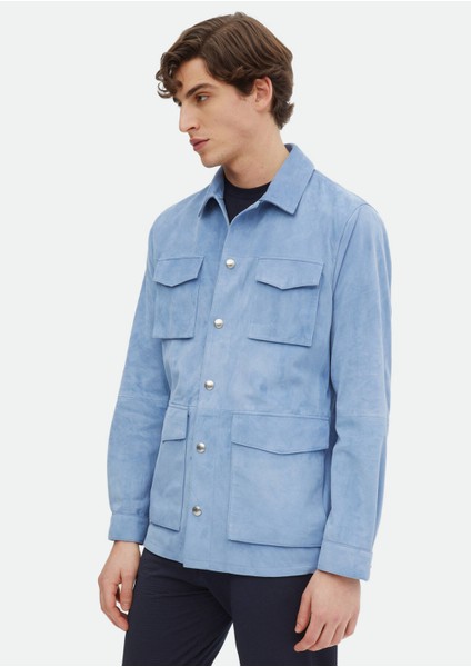 Açık Mavi Regular Fit Gömlek Yaka Casual Süet Deri Mont modelleri
