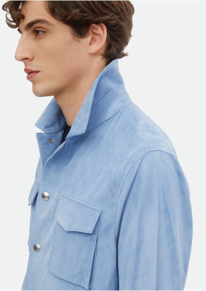 Açık Mavi Regular Fit Gömlek Yaka Casual Süet Deri Mont indirimleri