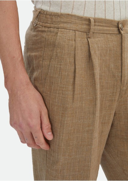 Vizon Çizgili Dokuma Carrot Fit Klasik %100 Keten Pantolon modelleri