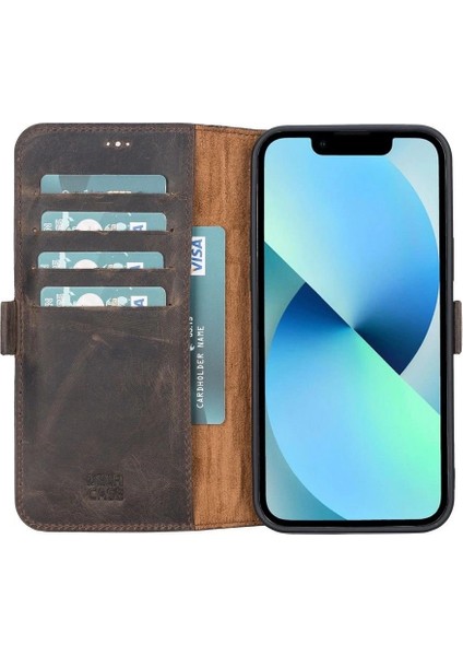 Apple iPhone 13 Pro Uyumlu Deri Cüzdanlı Kılıf Acı Kahve