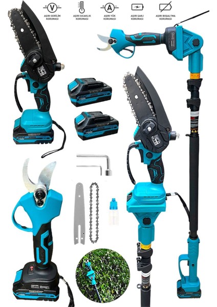 21V Profesyonel 3'lü Set Çift Akülü Teleskopik Kollu Bağ Makası & Budama Testeresi
