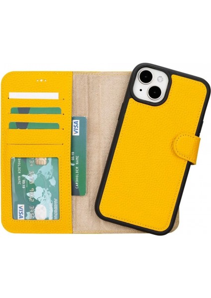 Apple iPhone 15 Plus Uyumlu Deri Cüzdanlı Kılıf Mwwn FL12 Sarı