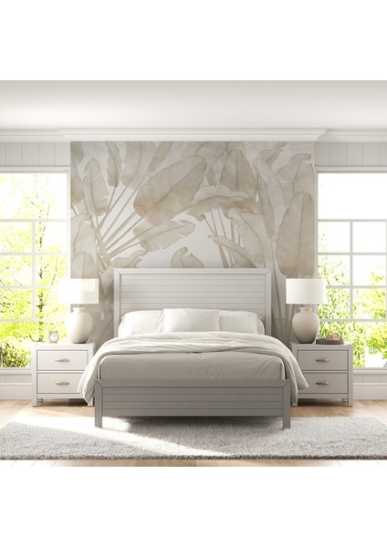 Bej Tropik Yaprak Desenli Silinebilir Kumaş Duvar Kağıdı En x Boy - Ev ve Ofis Dekor