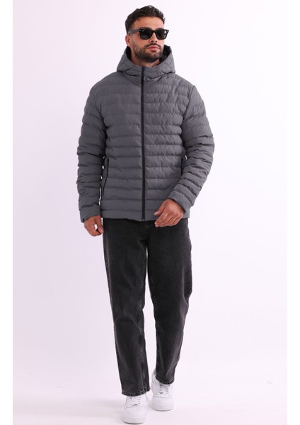 Erkek Gri Rüzgar Geçirmez Kapüşonlu Taşınabilir Çantalı Elyaf Dolgulu Hafif Spor Mont fırsatları