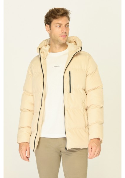 Erkek Bej Elyaflı Kapüşonlu Rüzgar Geçirmez Şişme Kışlık Mont