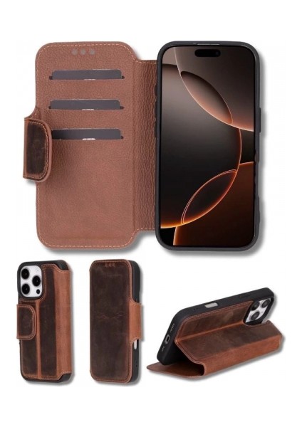 Apple iPhone 16 Pro Uyumlu, Hakiki Deri, El Yapımı, Cüzdanlı Kılıf, Antik Kahve indirimleri