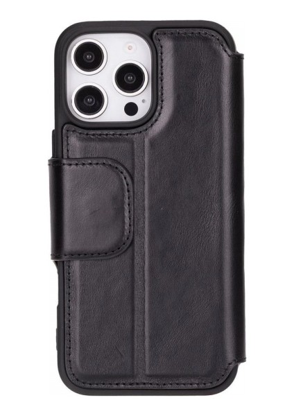 Apple iPhone 16 Pro Max Uyumlu, Hakiki Deri, El Yapımı, Cüzdanlı Kılıf, Parlak Siyah fırsatları