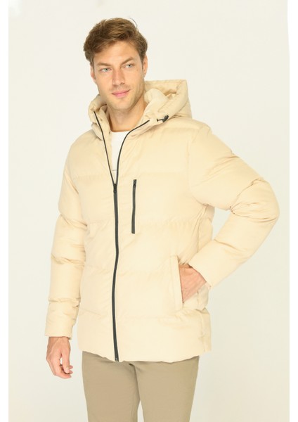 Erkek Bej Elyaflı Kapüşonlu Rüzgar Geçirmez Şişme Kışlık Mont fiyatları
