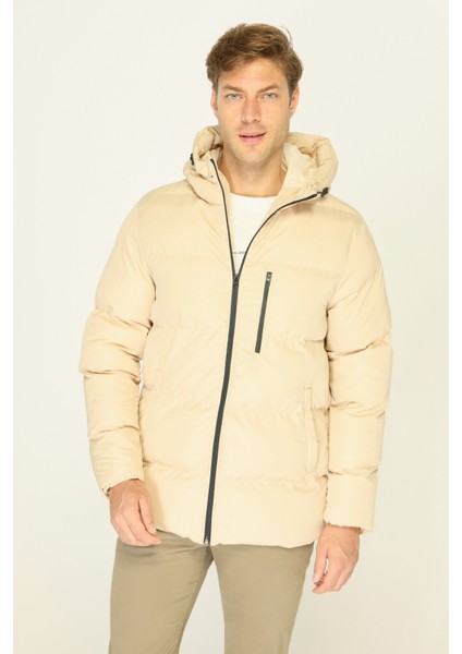 Erkek Bej Elyaflı Kapüşonlu Rüzgar Geçirmez Şişme Kışlık Mont fırsatları