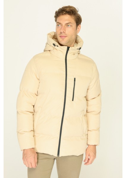 Erkek Bej Elyaflı Kapüşonlu Rüzgar Geçirmez Şişme Kışlık Mont indirimleri