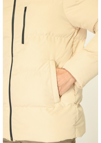 Erkek Bej Elyaflı Kapüşonlu Rüzgar Geçirmez Şişme Kışlık Mont