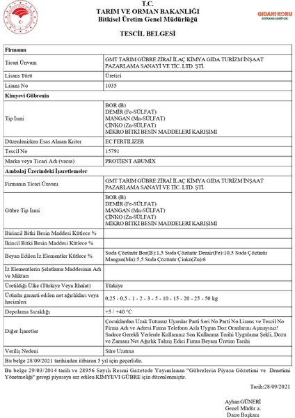 Protıent Abumıx Toz Gübre (B:1.5 Fe:10.5 Mn:5.5 Zn:6) – Organik Asitli Mikroelement Karışımı – 10 kg indirimleri