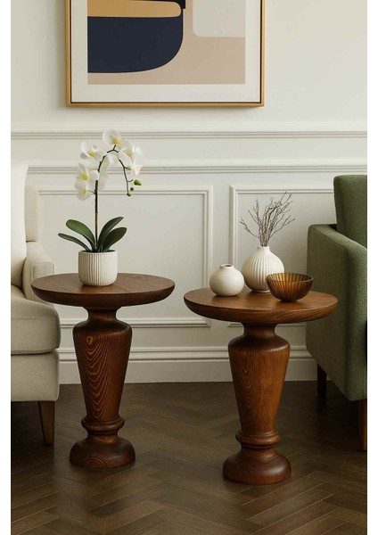 Rustik Meşe Masif Ahşap Yan Sehpa – 2’li Zigon ve Fiskos Seti