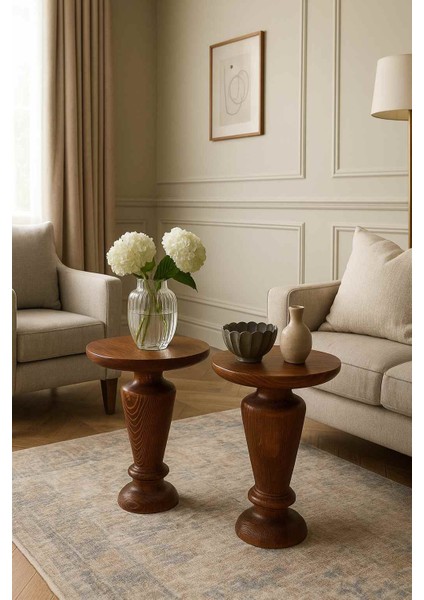 Rustik Meşe Masif Ahşap Yan Sehpa – 2’li Zigon ve Fiskos Seti modelleri