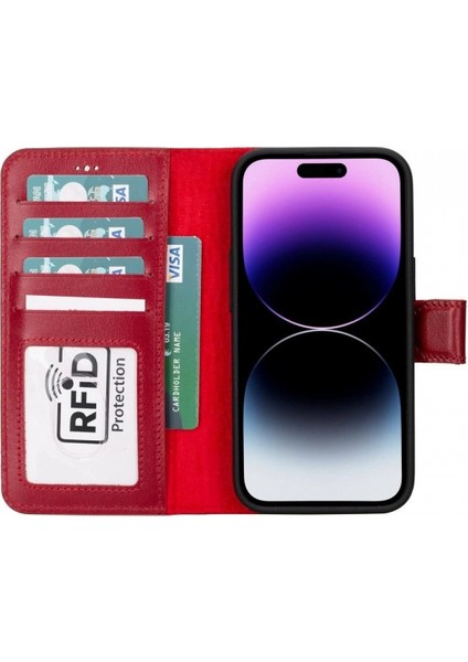 Apple iPhone 15 Uyumlu Deri Cüzdanlı Kılıf Mwwn V4EF Kırmızı fiyatları
