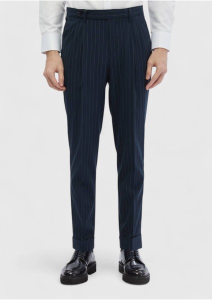 Lacivert Çizgili Dokuma Carrot Fit Klasik Pantolon modelleri